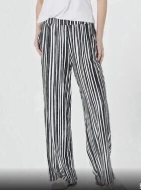 Elizabeth & Clarke Striped wide leg Pants Satin Tech Pull on Black white Sz Sm